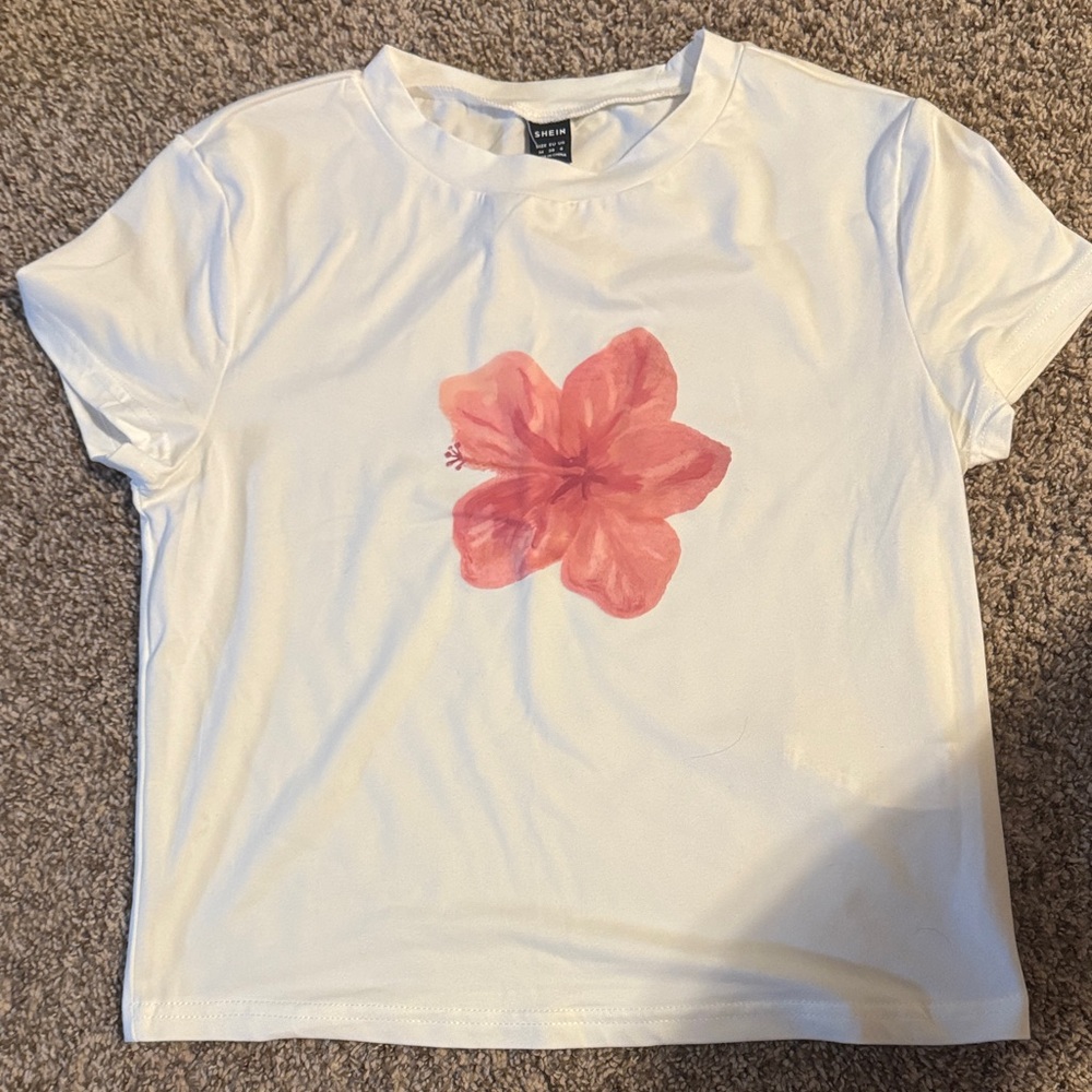 SHEIN White Crop Top with Pink Floral Design